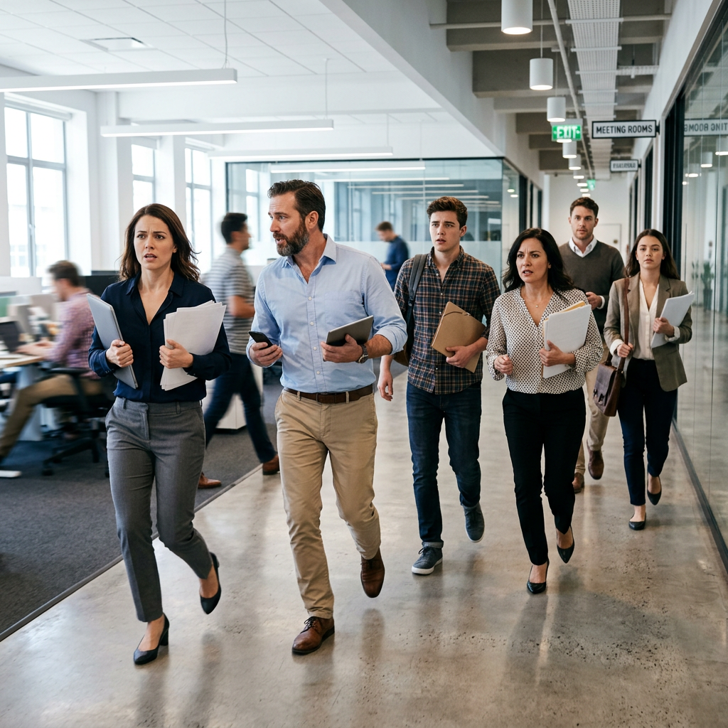 Group of office workers walking quickly through a modern corridor holding folders and tablets