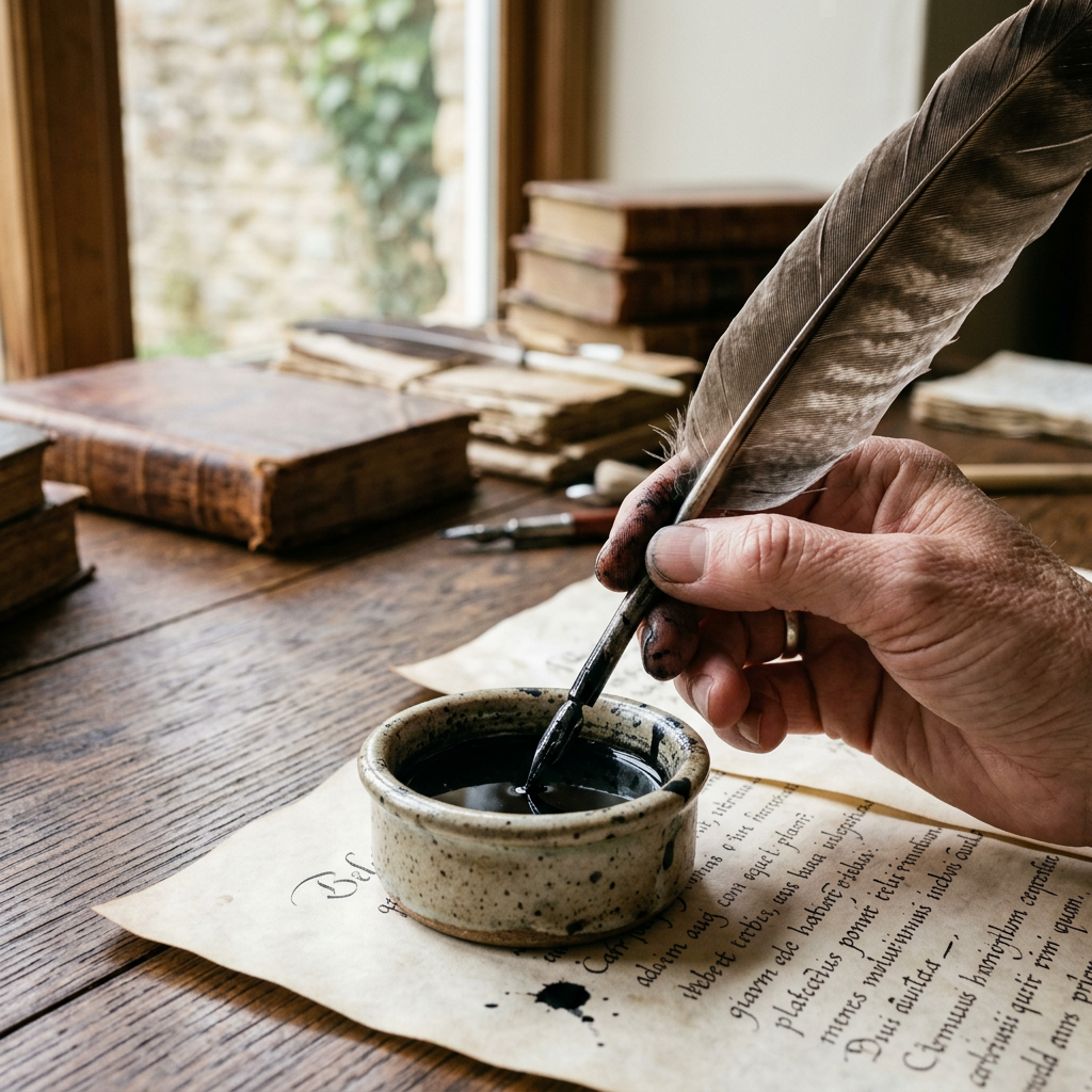 Hand holding a quill pen dipped in ink over parchment with handwritten text