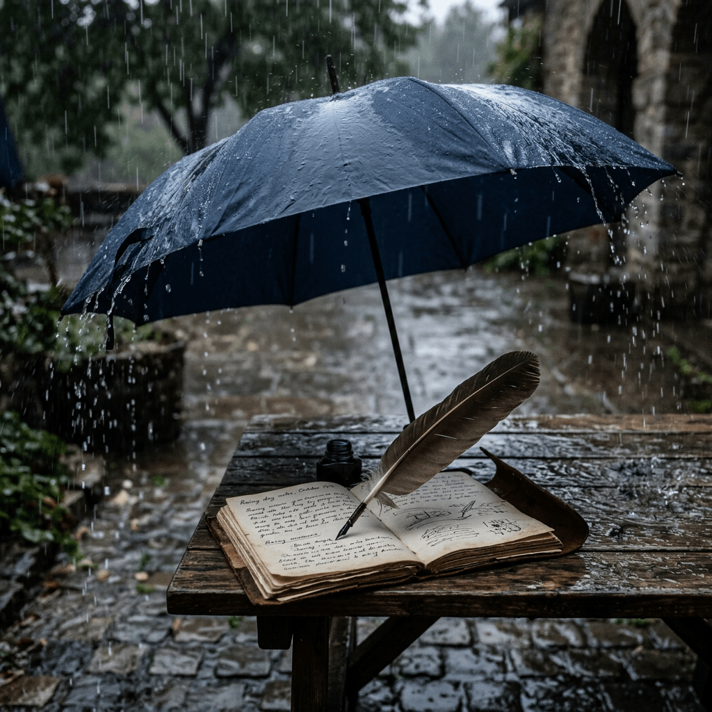 Open notebook with handwritten notes and sketches, quill pen, ink bottle on wooden table under blue umbrella in rain